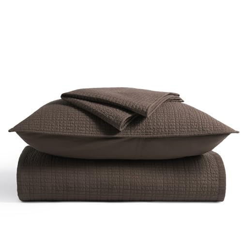 100% Cotton Modern Grid Stitch Quilt Set, King Size, Dark Brown | Pre-Washed Cotton Coverlet Bedspread, Oversized Lightweight 3-Piece Bedding Set for All Season, with 2 Pillow Shams - color: Dark Brown, size: King (110" X 94")