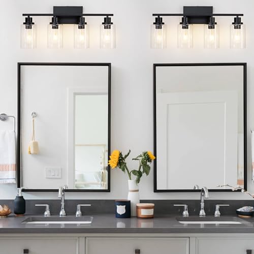 4 Light Black Bathroom Vanity Light Fixture Over Mirror Modern Farmhouse Wall Lighting Sconces Industrial Wall Lamp for Bathroom Bedroom Living Room E26 Socket with Glass Shade - color: Black, size: 4 Light