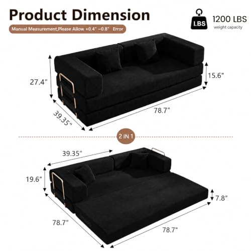 GEARIVY Folding Sofa Bed Convertable Corduroy Couch King Size Floor Sleeper 4-in-1 DIY Combination Modular Sofa Fold Out Futon Lounge Comfy Foldable Lazy cama for Living Room (Black, 80.3 inch Sofa) - color: Black, size: 80.3 inch sofa