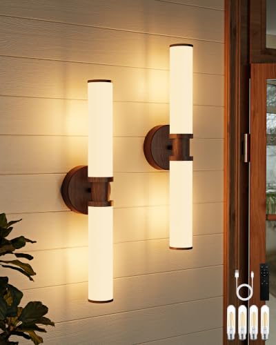 Rayogale Walnut Wireless Battery Operated Wall Sconces with Remote Control | White Glass Rechargeable Wall Lights Set of 2 with Timer Function Dimmable for Living Room Bedroom Emergency 3000K, 20.5 Inch - color: Walnut(White Lampshades)