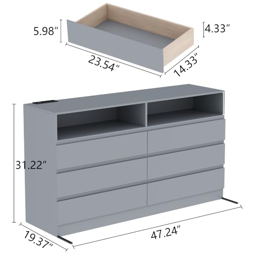 Gyfimoie Grey 6-Drawer Dresser for Bedroom w/Power Outlet and LED Light | Modern Double Dresser with 2 Open Cubbies, Spacious Chest of Drawers, and TV Stand Function for Living Room - color: Grey, size: 19.4"D x 47.3"W x 31.2"H (6 Drawers)