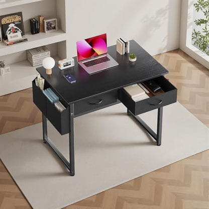 DUMOS 32" Home Office Computer Desk with Drawers, Small Gaming Writing Study Table with Storage Side Bag, Headphone Hook and Adjustable Feet for Bedroom Black | Home Office Desk with Side Bag for Bedroom, Gaming Writing Study Desk with Adjustable Feet - c