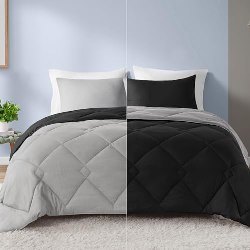 Comfort Spaces Vixie Reversible Comforter Set - Trendy Casual Geometric Quilted Cover, All Season Down Alternative Cozy Bedding, Matching Sham, Black/Gray, Full/Queen 3 piece | Down Alternative, All Season, Bedding for Bedroom, Geometric Pattern, Reversib