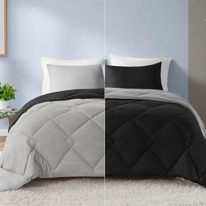 Comfort Spaces Vixie Reversible Comforter Set - Trendy Casual Geometric Quilted Cover, All Season Down Alternative Cozy Bedding, Matching Sham, Black/Gray, Full/Queen 3 piece | Down Alternative, All Season, Bedding for Bedroom, Geometric Pattern, Reversib