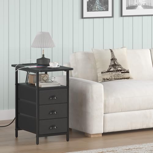 sthmec End Table with Charging Station, Side Tables Livingroom with USB Ports and Outlets,Narrow Nightstands Bedside Tables with 3 Drawers PU Finish for Small Space,Slim Sofa Table Bedroom,Black - color: Black, size: 11.75'' W*21'' D* 24.3'' H, style: Pow
