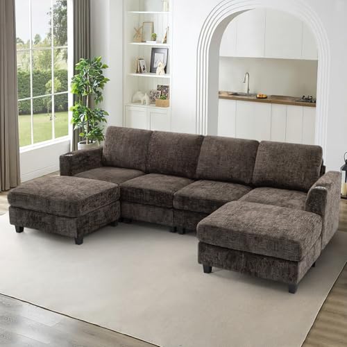 110" Convertible U-Shape Couch with 2 Flexible Ottomans, Brown | Soft Sectional Sofa w/2 Built-in Cup Holders, Chenille 4 Seats Sofa with Well-Filled Back Cushions for Living Room, House - color: Brown, size: 110" U-Shape