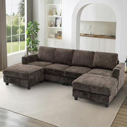110" Convertible U-Shape Couch with 2 Flexible Ottomans, Brown | Soft Sectional Sofa w/2 Built-in Cup Holders, Chenille 4 Seats Sofa with Well-Filled Back Cushions for Living Room, House - color: Brown, size: 110" U-Shape
