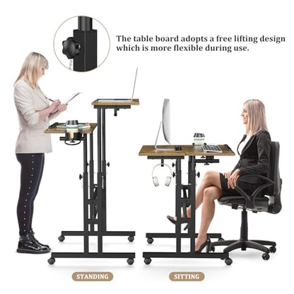 Enayplon Small Standing Desk with Wheels, Mobile Stand Up Desk, Portable Standing Table on Wheels for Walking Pad, Rolling Computer Desk Adjustable Height, Tall Table - color: Brown