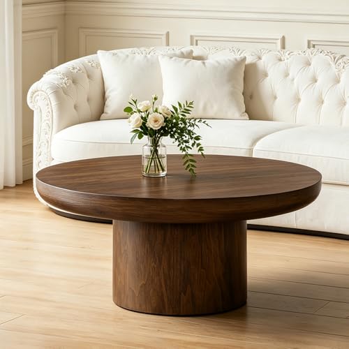 35.98" Round Coffee Table with Cylindrical Base, Modern Wood Drum Center Table, Accent Side End Table for Living Room Apartment, φ35.98"*15.98"H (Dark Brown) - color: C-35.98" Brown