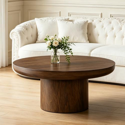 35.98" Round Coffee Table with Cylindrical Base, Modern Wood Drum Center Table, Accent Side End Table for Living Room Apartment, φ35.98"*15.98"H (Dark Brown) - color: C-35.98" Brown