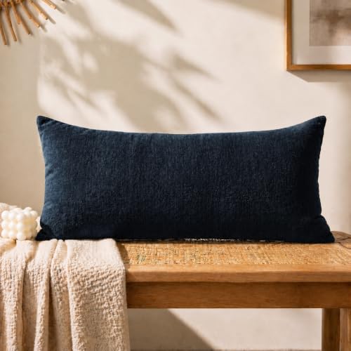 JoraLion Chenille Lumbar Pillow Covers 12X24 inch Dark Blue | Solid Dyed Decorative Throw Pillow Covers, Plain Farmhouse Soft Chenille Cushion Case for Couch Sofa Bed Room, Pack of 1 - color: Dark Blue, size: 24" x 12" (Pack of 1)