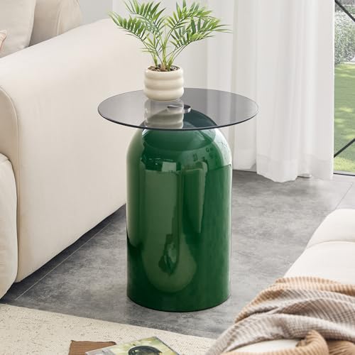 15.7" Round Side Table with Tempered Glass Top, Modern Small Glass Coffee Table with Carbon Steel Base for Living Room, End Table for Office, Easy Assembly, Green - color: 15.7" Side Table, Green