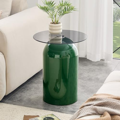 15.7" Round Side Table with Tempered Glass Top, Modern Small Glass Coffee Table with Carbon Steel Base for Living Room, End Table for Office, Easy Assembly, Green - color: 15.7" Side Table, Green