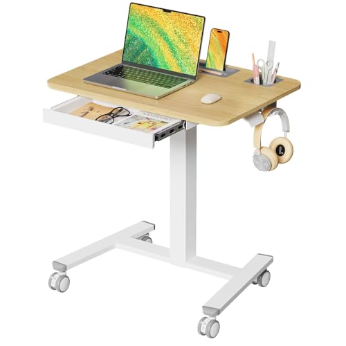 28" Mobile Standing Desk with Drawer, Portable Laptop Desk | Rolling Desk with Cup Holder & Hooks, Height Adjustable Computer Cart on Wheels for Classroom, Study Desk with Storage, Maple - color: Maple, size: 28"