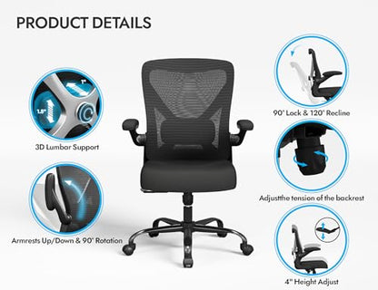 Office Chair: Mesh Ergonomic Desk Chair with 3D Lumbar & Swivel | 330LBS Computer Chair-Executive Task Chairs with Flip-up Arms Home Office Chairs Gaming Chair for Long Hours(Black-Pack of 3) - color: Black, size: Pack of 3