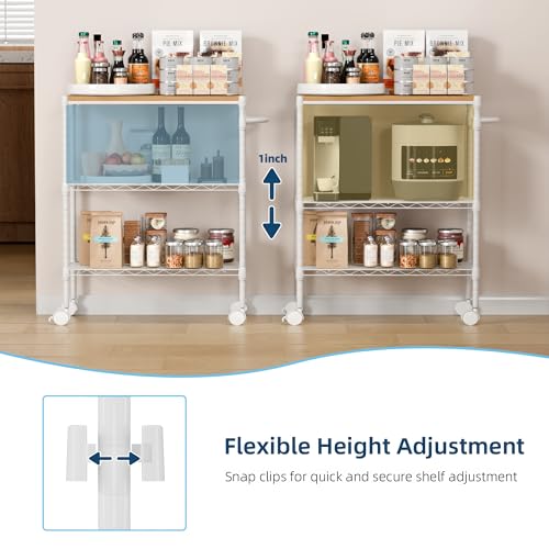 Whitmor 3 Tier Rolling Kitchen Cart,27.6"x10"x21.7”Heavy Duty Metal Storage Cart with Wheels, Adjustable Shelves, Lockable Utility Cart with Wood Top & Portable Handle for Indoor & Outdoor Use, White - size: 27.6 x 10 x 21.7 inches