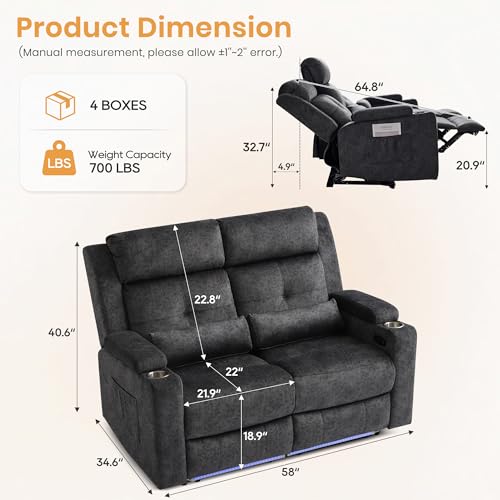 RV Loveseat Recliner Sofa, Power Reclining Loveseat with 4 LED Lights, USB Ports, Power Wall Hugger Recliner Loveseat with Arm Storage, 2 Cushions for Living Room, Bedroom, Home(Grey, 2 Seat) - color: Grey, size: 2 Seat