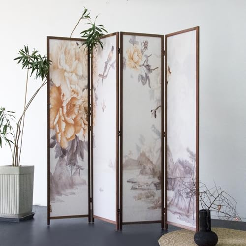 4 Panel Room Divider for Room Separation, 5.6 ft Tall Double Sided Blackout Folding Privacy Screen for Home Office - Freestanding Partition with Peony Floral Artwork (67" H x 63" W) - color: Peony Floral, size: 4 Panel
