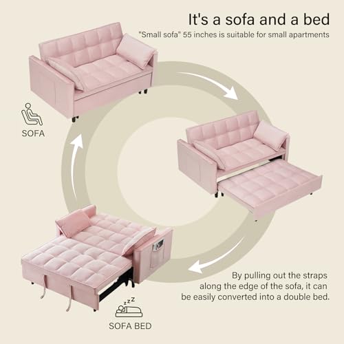 3 in 1 Convertible Sleeper Sofa Bed, Velvet Loveseat Futon Pull-Out Couch with Adjustable Reclining Backrest, Side Pockets and Pillows for Living Room, Bedroom, Apartment, Small Spaces (Pink-Velvet) - color: Pink-velvet