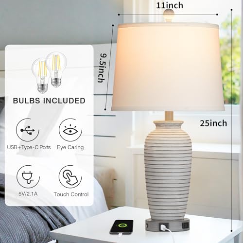 CINSARY 25" Farmhouse Jar Table Lamps Set of 2, 3 Way Touch Control Rustic Bedside Lamps with USB A+C Ports & AC Outlet, Pot Nightstand Lamps for Bedroom Living Room (LED Bulbs Included) - color: Grey-white