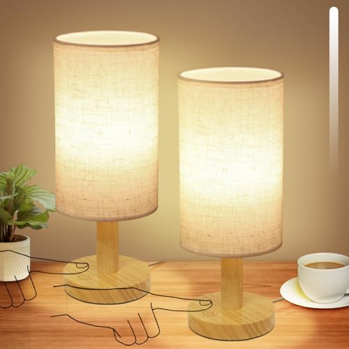 Small Touch Table Lamps Set of 2 with Stepless Dimming&USB Plug, Natural Round Wood Base & Linen Fabric Shade |Soft Ambient Night Light |Minimalist Boho Bedside Lamp for Bedroom,Nursery,Kitchen,Dorm - size: Round - USB Plug Touch - Set of 2