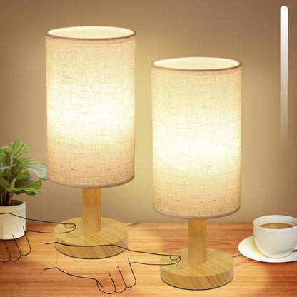 Small Touch Table Lamps Set of 2 with Stepless Dimming&USB Plug, Natural Round Wood Base & Linen Fabric Shade |Soft Ambient Night Light |Minimalist Boho Bedside Lamp for Bedroom,Nursery,Kitchen,Dorm - size: Round - USB Plug Touch - Set of 2