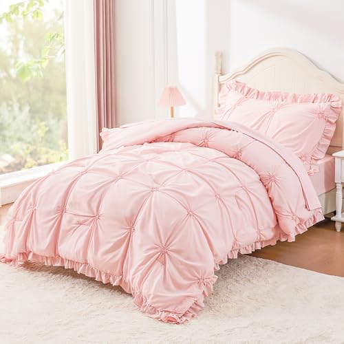 Twin Comforter Set for Girls, Boho Pintuck Bedding Comforter Sets, 4 Pieces Ruffles Jacquard Embroidery Twin Bedding Sets with Comforter, Fitted Sheet, Flat Sheet and Pillowcase, Pink - color: Pink, size: Twin