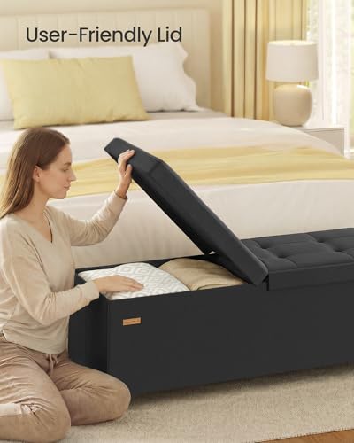 SONGMICS Storage Ottoman Bench with Legs, Folding Ottoman Foot Rest with Flipping Lid, Bench with Storage, for Living Room, Bedroom, Entryway, Linen-Look Fabric, 43.3 Inches, Ink Black ULSF079BH01 - color: Ink Black, style: with Flipping Lid