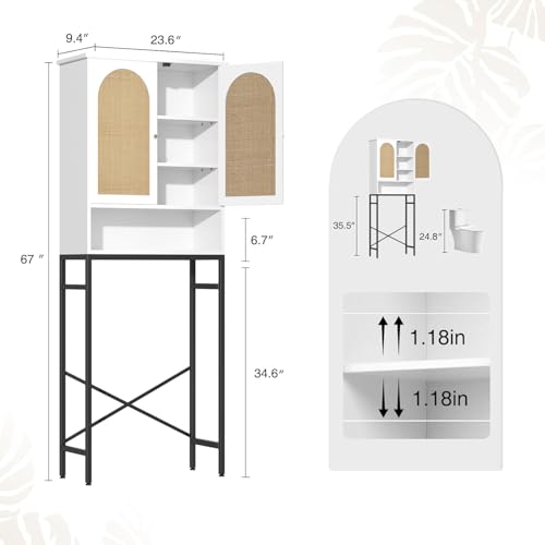 Befrases Rattan Over Toilet Storage Cabinet with Metal Stand | Bathroom Organizer with Adjustable Shelf, Tall Freestanding Washer Shelf, Small Cupboard, Space Saver, White - color: Rattan Door-white