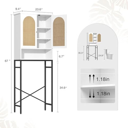 Befrases Rattan Over Toilet Storage Cabinet with Metal Stand | Bathroom Organizer with Adjustable Shelf, Tall Freestanding Washer Shelf, Small Cupboard, Space Saver, White - color: Rattan Door-white