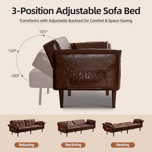 HALLYBEE 85" Futon Faux Leather Couch with Adjustable Armrests Red Brown | Futon Sofa Bed, Sleeper Sofa, Small Couch with Pillows, Side Pockets, Mid Century Modern, Living Room, Bedroom, Apartment - color: Red Brown