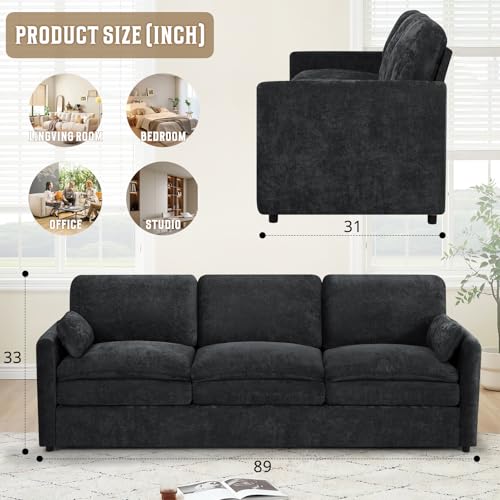 89" Chenille Soft Sofa w/Well-Filled Backrests, Black | Modern Couch w/Plump Pillows, 3 Seater Upholstered Couch w/Thick & Comfy Cushions for Living Room, Bedroom - color: Black, size: Sofa