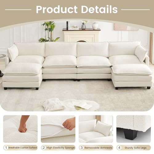 ROWHY Oversized Modular Sectional Couch with 2 Movable Ottoman, 148" Modern Convertible U Shaped Sofa Set, 4 Seat Comfy Cloud Couch with 2 Throw Pillows, for Living Room and Office, Chenille, Beige - color: Chenille Beige, size: 6 Seats U-Shaped