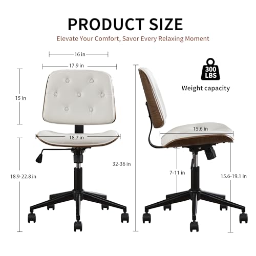 VipDesk Small Home Office Chair - Armless Mid Back Desk Chair with 360° Swivel and Wheels, PU Upholstered Height Adjustable Modern Walnut Computer Chair for Home, Office Meeting Room - White - color: White, size: Button Style