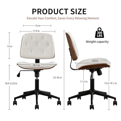 VipDesk Small Home Office Chair - Armless Mid Back Desk Chair with 360° Swivel and Wheels, PU Upholstered Height Adjustable Modern Walnut Computer Chair for Home, Office Meeting Room - White - color: White, size: Button Style