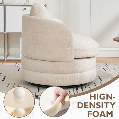 Round Swivel Barrel Chair with Comfy Pillow, Beige Small Accent Chair with Curved Backrest, Modern Upholstered Armchair & Chenille Barrel Accent Chairs for Living Room Bedroom Office (Beige) - color: Beige