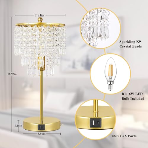 Crystal Table Lamp with USB C+A Ports, 3-Way Dimmable Touch Lamp, Gold Lamp | Bedside Lamp with Crystal Shade, Nightstand Lamp for Bedroom, Teens Room, Living Room, Dresser, B11 LED Bulb Included - color: Gold
