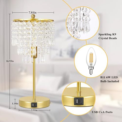Crystal Table Lamp with USB C+A Ports, 3-Way Dimmable Touch Lamp, Gold Lamp | Bedside Lamp with Crystal Shade, Nightstand Lamp for Bedroom, Teens Room, Living Room, Dresser, B11 LED Bulb Included - color: Gold