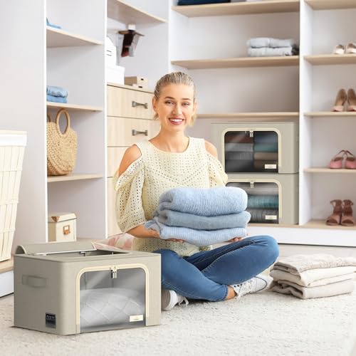 Sorbus Storage Bins with Metal Frame - Stackable & Foldable Clothes Organizer Bags - Oxford Fabric Storage Containers with Large Clear Window & Carry Handles Organization for Bedding Linen & Clothing - color: Beige, size: 4 Pack
