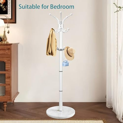 OIRUMIE Coat Rack,360°Rotary Coat Rack Stand,Coat Tree Stand for Entryway | Metal Coat Rack Freestanding with Natural Marble Base & 14 Hooks,White Modern Coat Stand, Clothes Hall Tree Stand for Hallway - color: White-14 Hooks