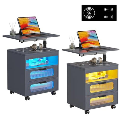HNEBC LED Nightstand Set of 2 with Charging Station & Adjustable Overbed Desk, 3 Color LED Lights & Body Sensor, Mobile Bedside Table with Wheels, 2 Drawers & Open Shelf for Bedroom(Grey) - color: 9603-2-grey