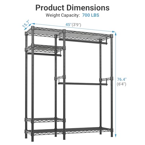 VIPEK V2 Heavy Duty Clothes Rack, Portable Metal Closet System, Black | Freestanding Wardrobe with 4 Tiers Adjustable Wire Shelving & 3 Hanging Rods Clothing Rack, Closet Organizer, Max Load 700LBS - color: Black, style: V2