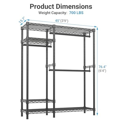 VIPEK V2 Heavy Duty Clothes Rack, Portable Metal Closet System, Black | Freestanding Wardrobe with 4 Tiers Adjustable Wire Shelving & 3 Hanging Rods Clothing Rack, Closet Organizer, Max Load 700LBS - color: Black, style: V2