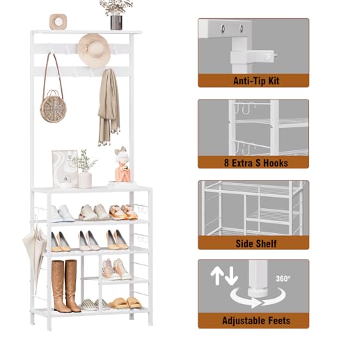 GiftGo Modern White Large 5-Tier Hall Tree Entryway Wooden Shoes Rack Shelf Coat Rack with Movable 9 Metal Hooks Storage Organizer for Home Office Bedroom Mudroom Living Room - color: White
