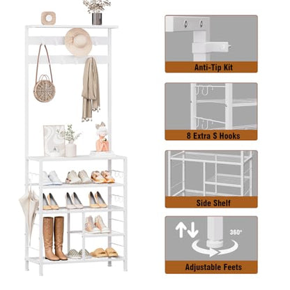 GiftGo Modern White Large 5-Tier Hall Tree Entryway Wooden Shoes Rack Shelf Coat Rack with Movable 9 Metal Hooks Storage Organizer for Home Office Bedroom Mudroom Living Room - color: White
