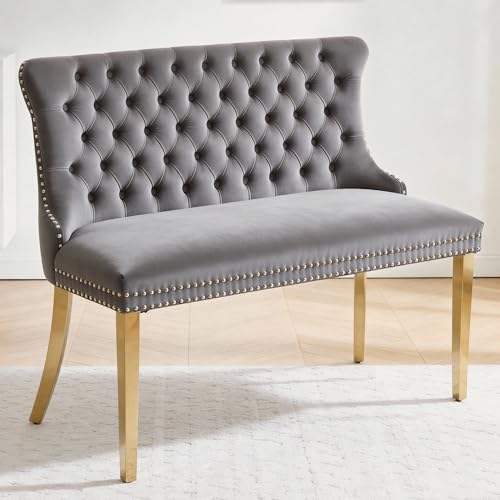 Velvet Upholstered Dining Bench with Back,Luxury Tufted Small Love Seat Settee Sofa Benches,Wingback Banquette Seating Bench with Nailhead Trim Stainless Steel Legs (1, Grey+Gold) - color: Grey+gold