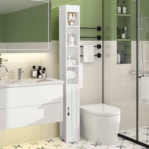 VECELO Tall Narrow Storage Cabinet with Adjustable Shelves, Slim Freestanding Bathroom Cabinet with Toilet Paper Holder, Magnetic Door, for Small Spaces, 7.9" D x 7.9" W x 71" H, Pearl White - color: Shelf Top