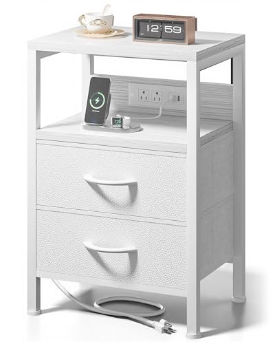 Lazzanto Night Stand with Charger Station for Bedroom, White Nightstand | Bedside Table, Open Shelf, 2 Fabric Drawers, Built in USB-A, USB-C Port & AC Outlets, For Dorm, Living Room, Bedroom - color: White, size: 2 Drawers