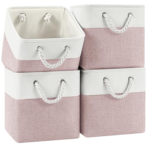 Patvingot 11-Inch Fabric Cube Storage Bins with Handles,4 Pack,Foldable | For cube shelves and closets,keeps grouped for everyday access,reinforced opening and fold-flat storage,white and pink - color: White/Pink, size: 11"×11"×11"-4Pack