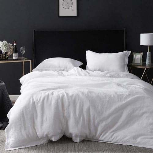 Simple&Opulence 100% Linen Duvet Cover Set with Embroidery Border Washed - 3 Pieces (1 Duvet Cover with 2 Pillow Shams) with Button Closure Soft Breathable Farmhouse - White, Full Size - color: White, size: Full